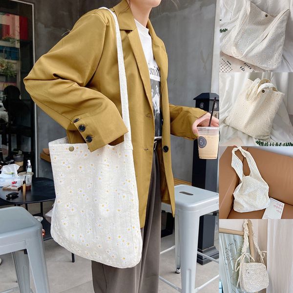 

women canvas shoulder bags embossed daisy flower ladies handbag casual tote literary books bag shopping pouch bolsas feminina
