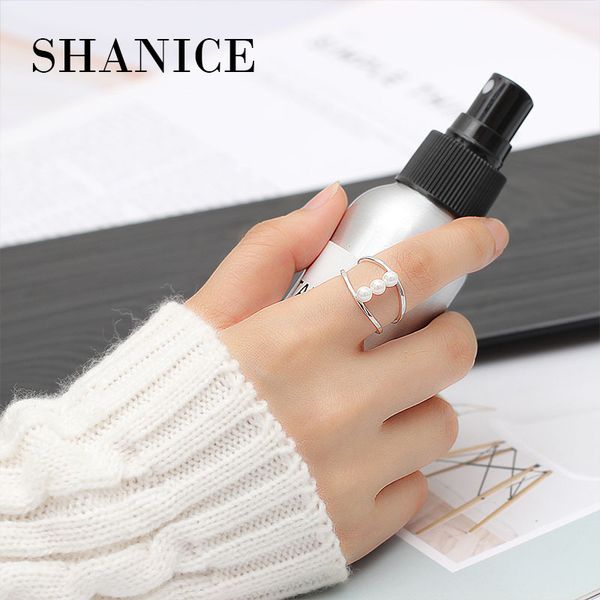 

shanice genuine 925 sterling silver matching double line with 3 pearls open adjustable rings for women gift, Golden;silver