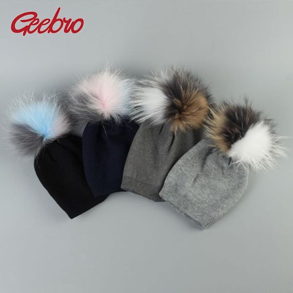 

geebro baby beanie hat autumn wool skullies beanies with raccoon fur pompom newborn boys and girls slouchy real pompon hat dq850, Blue;gray