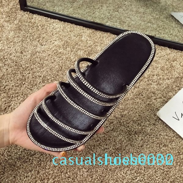 

women's sandals and slippers 2020 new summer wild rhinestone flat slippers fashion open toe female sandals and c30, Black