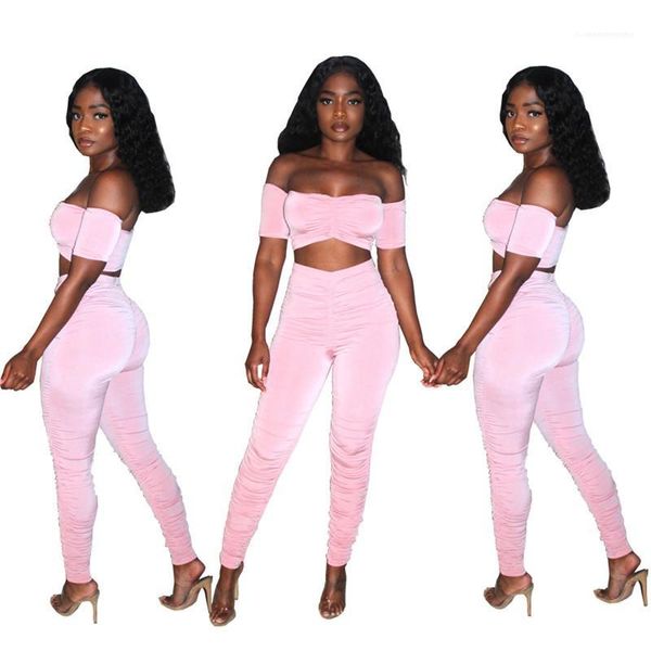 

pants casual women summer clothing new women stacked pants sets slash neck pink off shoulder crop 2 piece, White