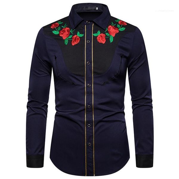 

shirts spring designer lapel neck long sleeve american west style casual shirt man fashion clothes mens rose embroidery patchwork, White;black