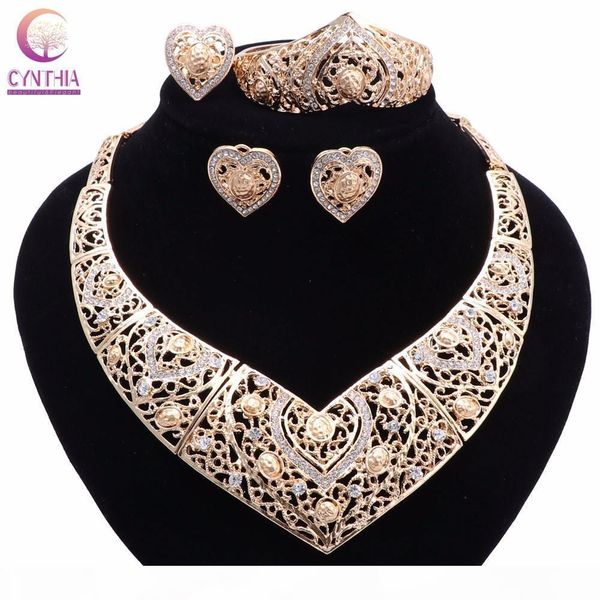 

bridal wedding african beads jewelry sets gold plated crystal women new design heart necklace earrings bangle ring jewelry sets, Black