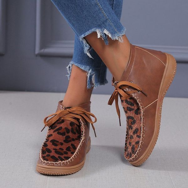 

women's 2020 leopard ankle boots women lace up wedges woman leather sewing footwear ladies comfortable female shoes plus size, Black