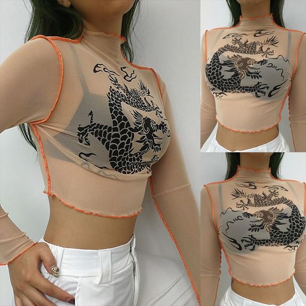

women blouses see through applique transparent mesh stand neck long sleeve sheer blouse shirt ladies tee normal size s l, White