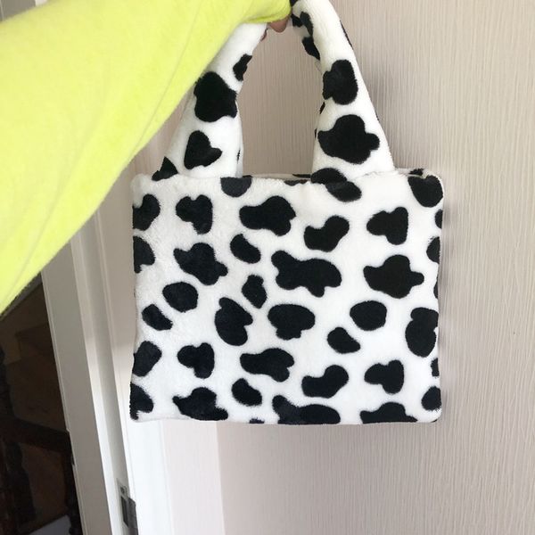 

plush handbags winter shoulder bag cute milk cow hand bag cartoon faux fur women ladies tote chiristmas gift small bags