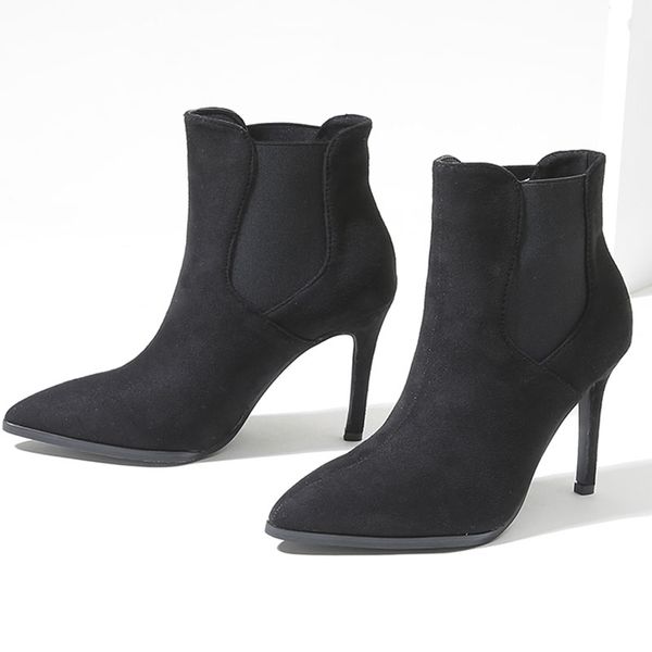 

black flock leather women ankle boots pointed toe elastic band high heels women autumn and winter female shoes ladies boots