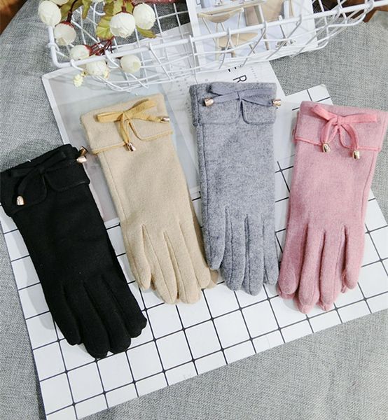 

five fingers gloves korean touch screen wool bow warm knitted women spring winter thick pink black gray khaki red lovely mittens, Blue;gray