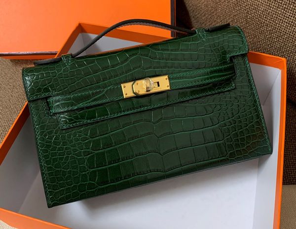 

factory wholesale calf skin with crocodile green mini keily 22cm,handmade with wax thread keily purse, gold and silver hardware