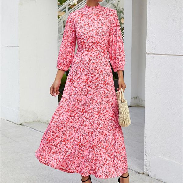

new red printed dresses women 2020 autumn winter casual three quarter sleeve o-neck the waist a-line elegant long dress 1006, Black;gray