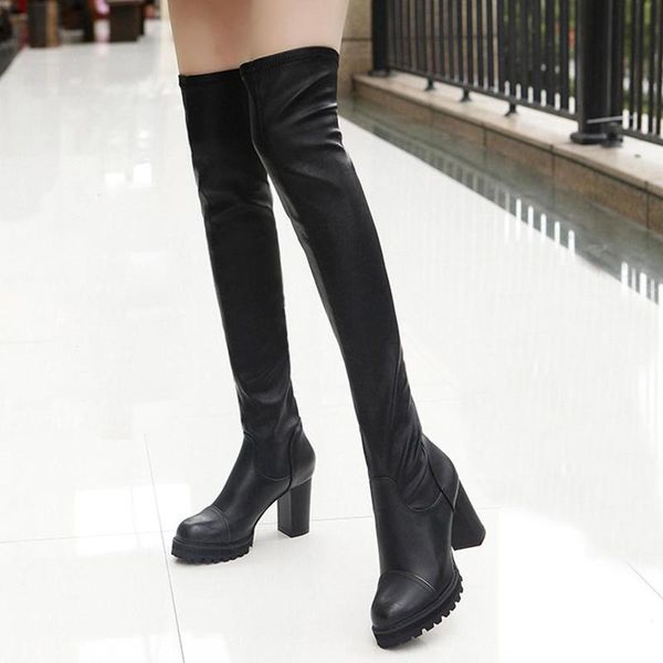 

over knee stretch boots for female increased wedges shoes women long tube knight boots black pu high-heeled ladies shoes