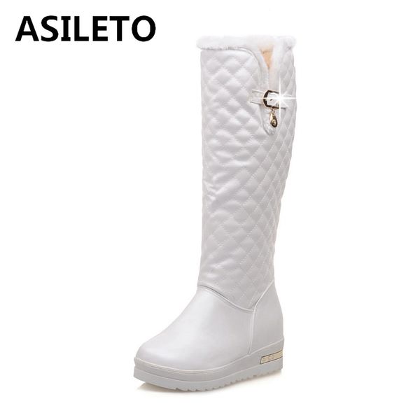 

boots asileto women snow winter warm knee slip on flat with platform high increased solid bukle plus size 34-42 white casual, Black