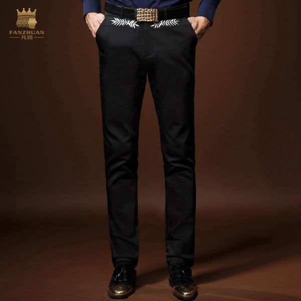 

fnazhuan new arrivals male fashion man's man casual spring slim pants black color embroidery iron trousers 618052