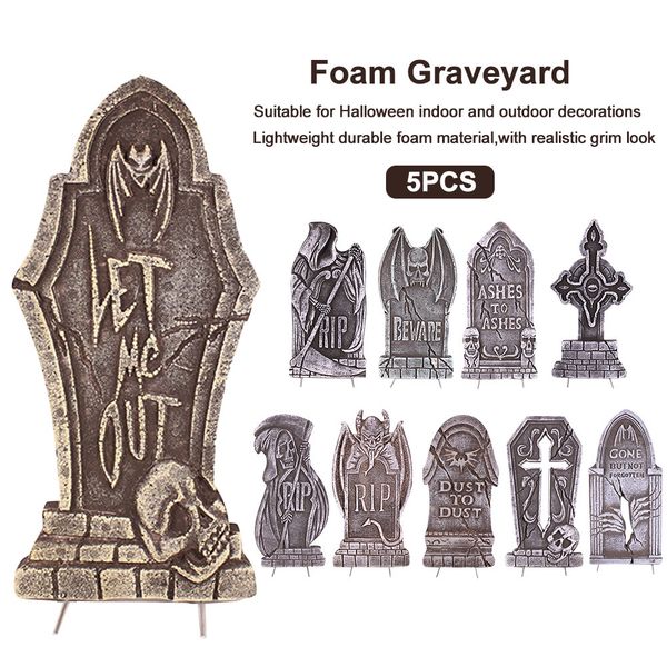 

5pcs tombstones horror halloween decoration trick indoor outdoor yard haunted house lightweight durable party foam graveyard