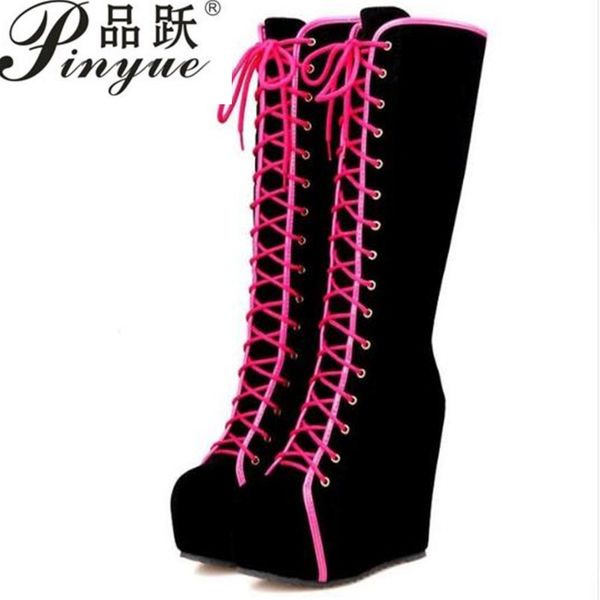 

boots 2021 fashion women knight round toe height increasing wedges knee high shoes ladies lace up patchwork botas, Black