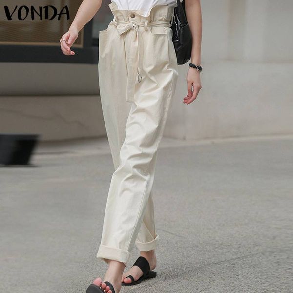 

long pants vonda autumn casual trousers zipper pantalon high elastic waist loose palazzo fashion belt pants summer pantalones, Black;white