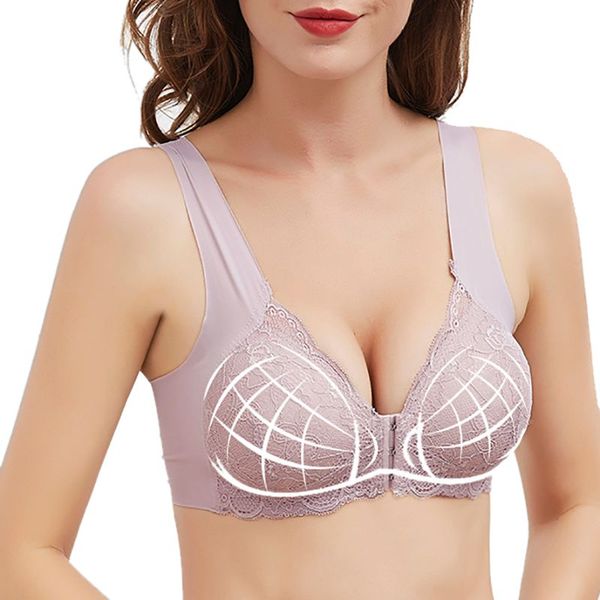 

bras women underwear lingerie front buckle push up bra without steel ring seamless lace u-shaped beautiful back, Red;black
