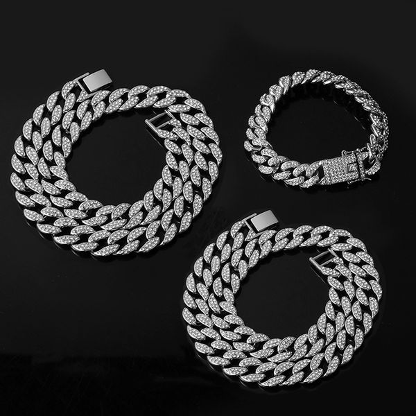 

necklace +bracelet hip hop miami cuban chain gold iced out paved rhinestones cz bling rapper for men jewelry, Silver