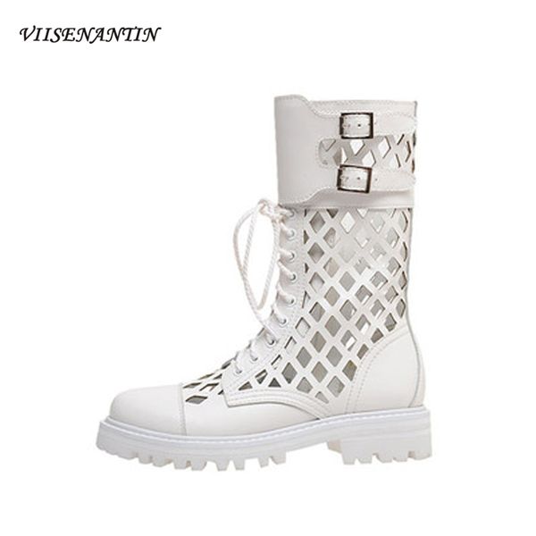 

boots rome flat hollow sandal f female d mesh mid-tube leather lace breathable motorcycle, Black
