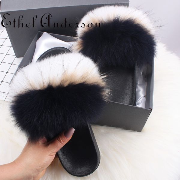 

women summer real washer bear bont slides casual new fashion fox furry slippers comfortable home flip-flops nice pluche ladies sandals, Black