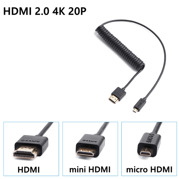 

super soft thin micro hdmi male to hdmi & mini male stretch spring cable 2k 4k hd @60hz light-weight portable