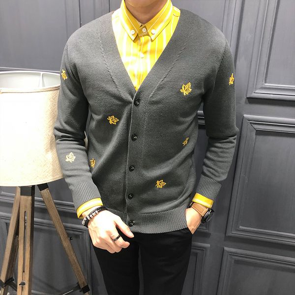 

gzdeerax embroidery sweater male luxury solid color cardigan mens sweaters fashion slim fit sweater man winter, White;black