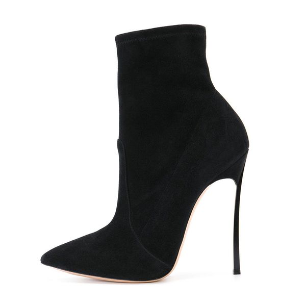 

elegance2020 autumn and winter decent black suede pointed stiletto heel slimming elastic velvet simple women's short boots