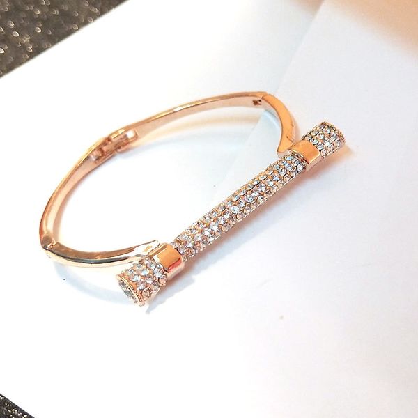 

trendy cylindrical studded with rhinestone handcuff bracelets for women fashion silvery/rose gold bangles bracelet femme gift, Black