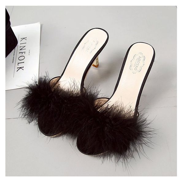 

women selling stiletto slippers new non-slip flip-flops open-toed high-heeled solid color slippers girls shoes fur shoes, Black