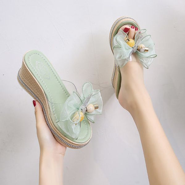 

roman wedge sandals women's high-heeled summer 2020 new fashion bowknot thick bottom muffin slippers women's shoes, Black