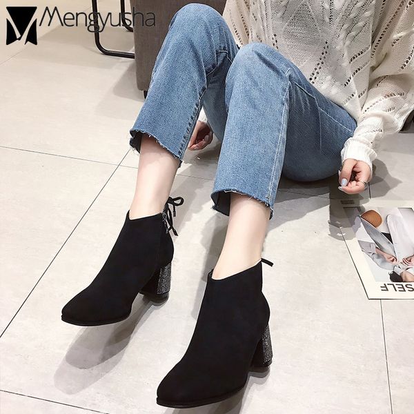 

concise british side zipper thick heels booties female winter crystal heels bowtied pumps botas girls suede leather boots, Black