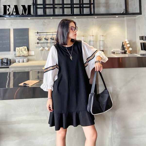 

eam] women black big size rufflfes dress new round neck three-quarter sleeve loose fit fashion tide spring summer 2020 1x425 c200919, Black;pink