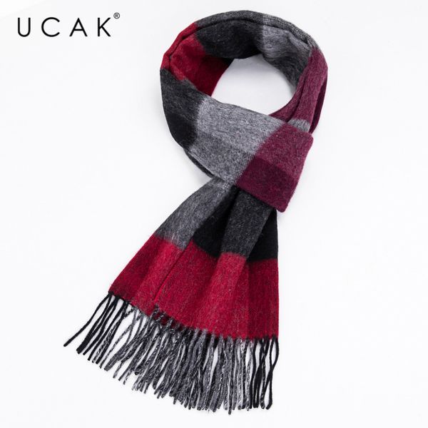 

ucak brand autumn winter warm scarfs soft men women casual plaid pure wool scarf shawl wrap knit long striped with tassel a16, Blue;gray