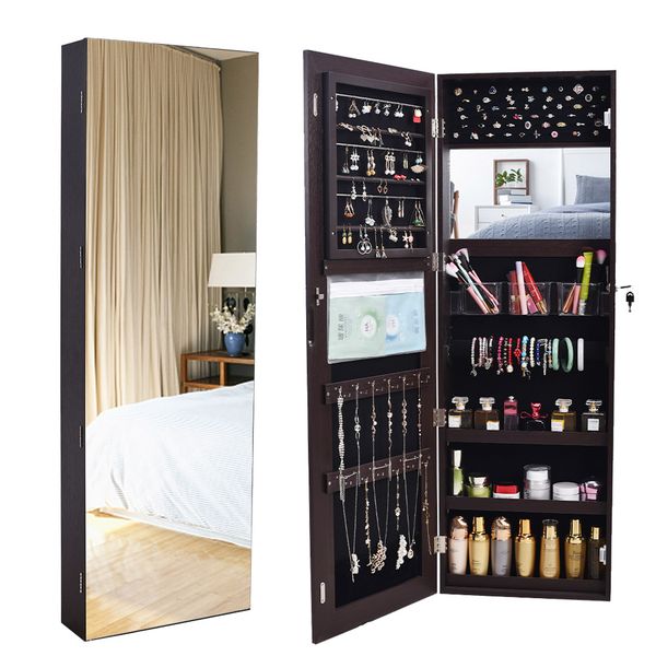 

waco jewelry armoire display mirror,wall-mounted or hanging necklace hooks, jewelries organizer storage rack shelf dressers cabinet brown