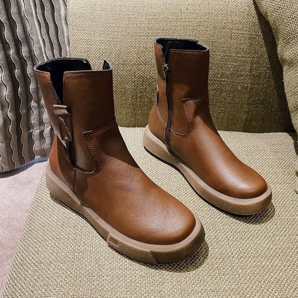 

new arrival shoes women martinas boots ladies winter leather flat low zipper middle tube casual botas leather womens boots, Black