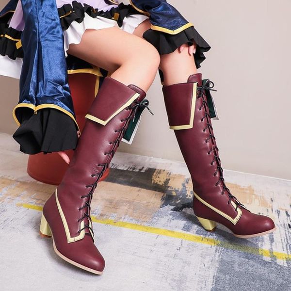 

womens pu leather knee thigh boots pointed toe chunky strange heel shoes cosplay match colors lace up shoes plus size 34-48, Black