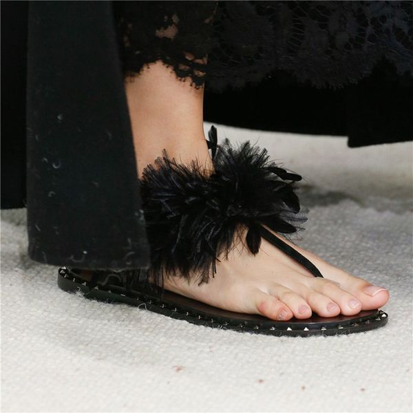 

european silk clip toe ostrich fluffy slippers mujer square buckle flip flops women metal rivets fur slides flats sandals femme, Black
