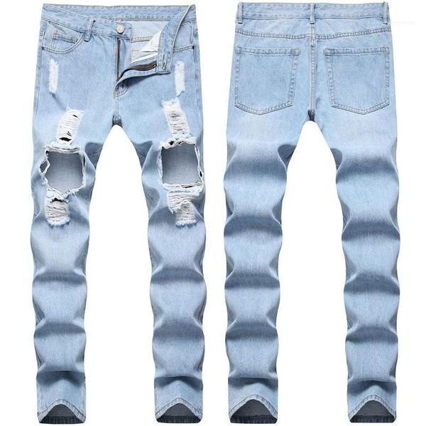 

casual mid waist light blue male long jeans holes designer men jeans straight slim denim mens pants