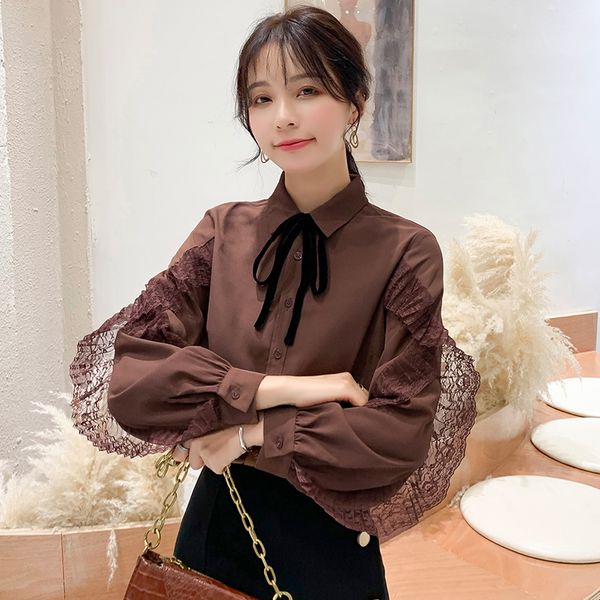 

autumn new ruffles chiffon blouses fashion korea bow solid women blouse vintage office shirts ladies blusas mujer, White