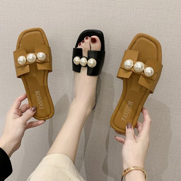 

women summer beaded slippers pu leather ladies vintage flip flop flat with slide shoes, Black