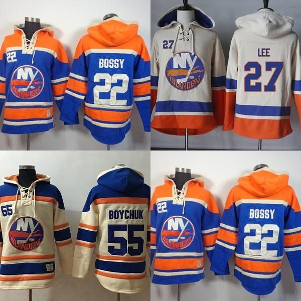 

mens new york islanders 22 mike bossy 27 anders lee 55 johnny boychuk beige blue stitched ice hockey hoodies, Black;red