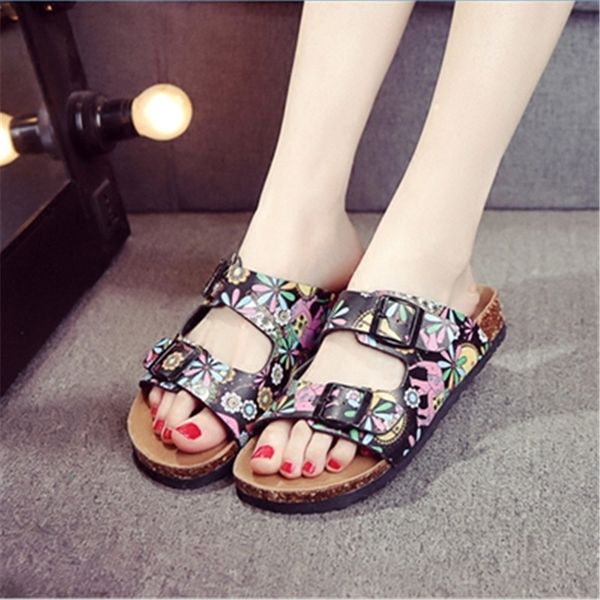 

новая летняя обувь женщина бич cork тапочки сандалии casual двойной пряжкой sandalias женщины скольжения на шлепанцы flats обувь, Black