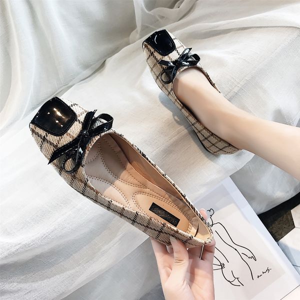 

peas shoes 2020 spring and autumn new women's flat shoes pu flat with lattice shallow mouth scoop bow women's single, Black