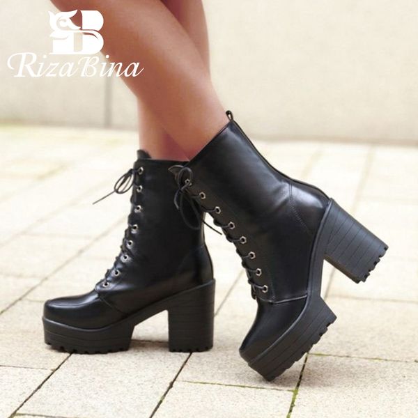 

rizabina женщины mid calf boots winter keep warm обувь женщины квадратные каблуки крест ремень платформа обувь женский размер 33-43, Black