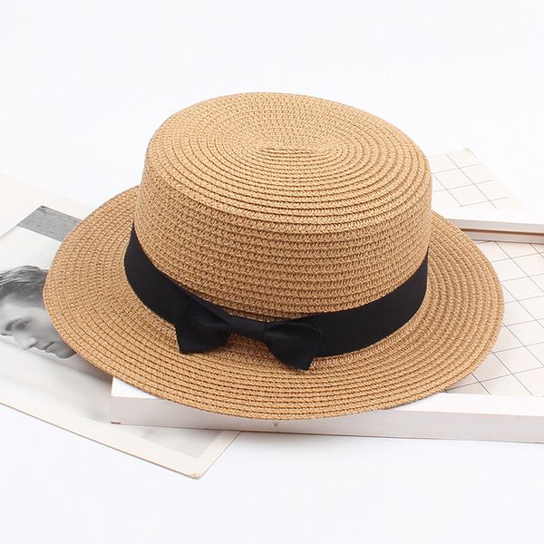 

new women summer sun hat beach raffia straw hat female black bow ribbon cap temperament flat straw hats outdoor caps 2020, Blue;gray