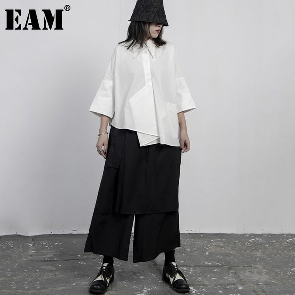

eam] women white irregular big size blouse new lapel three-quarter sleeve loose fit shirt fashion tide spring autumn 2020 1z931