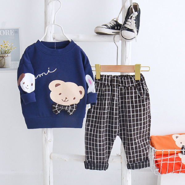 

warm baby autumn clothing set boys bear long sleeve + plaid trousers cotton cover child boy clothes toddler suit kg-524, Pink;blue
