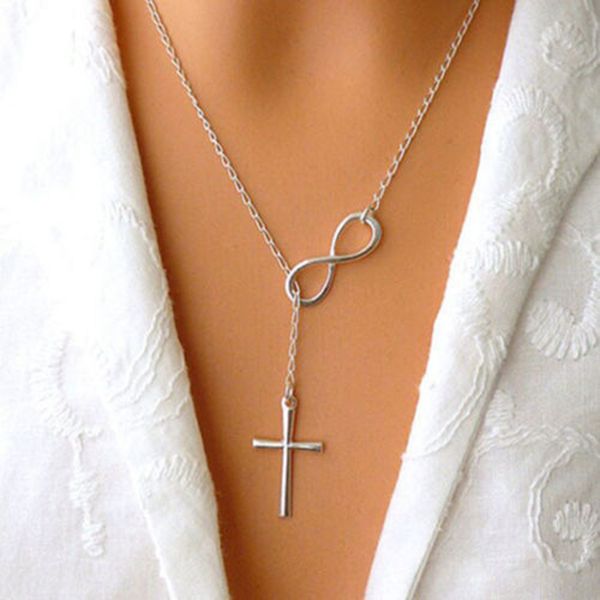 

classic 8 word infinity tassel cross pendant silver color clavicle chain necklace female charm boho choker jewelry collar kolye