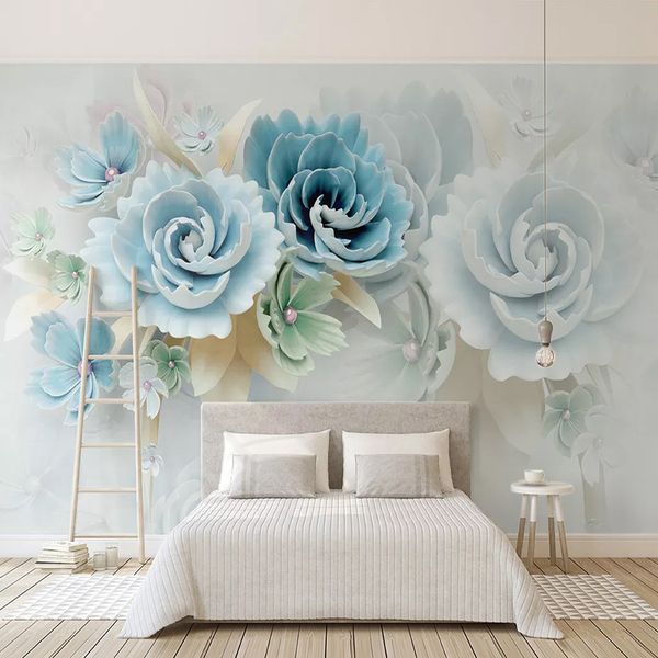 

custom self-adhesive waterproof canvas mural wallpaper 3d blue flowers modern home decor p wall murals removable 3d stickers
