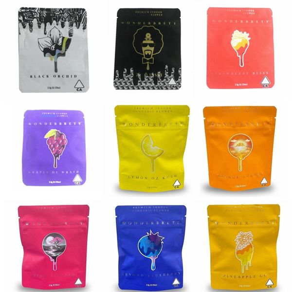 

9 types wonderbrett bags 3.5g soft touch skin mylar bags oz kush black orchid childproof smell proof bags cookies bag for dry herb flowers